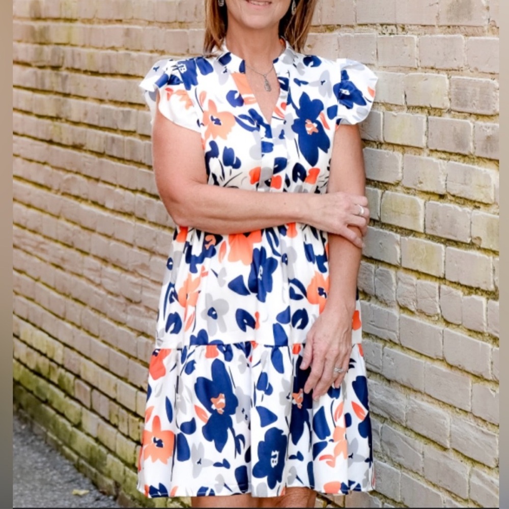 Floral Print Dress in Blue and Orange